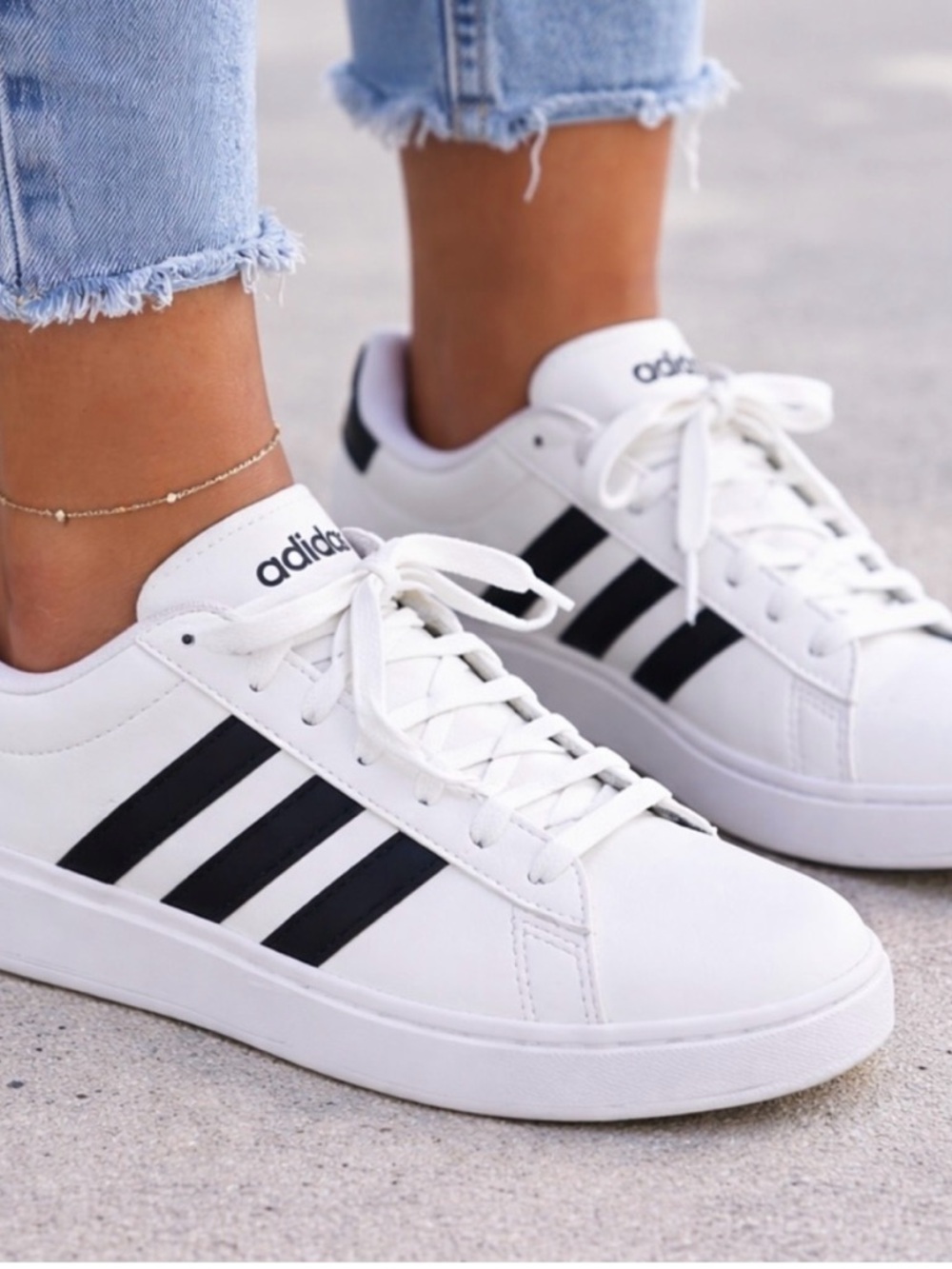 adidas Women’s Grand Court White Sneakers with Black Three-Stripes W7